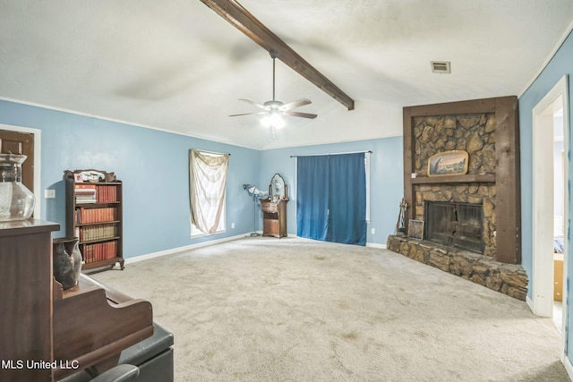 108 Fairdale Pl, Brandon, MS 39042 - living area featuring carpet floors, a stone fireplace, and ceiling fan
