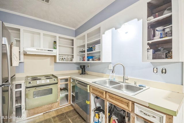 108 Fairdale Pl, Brandon, MS 39042 - kitchen with stainless steel appliances, under cabinet range hood, open shelves, crown molding, and light countertops