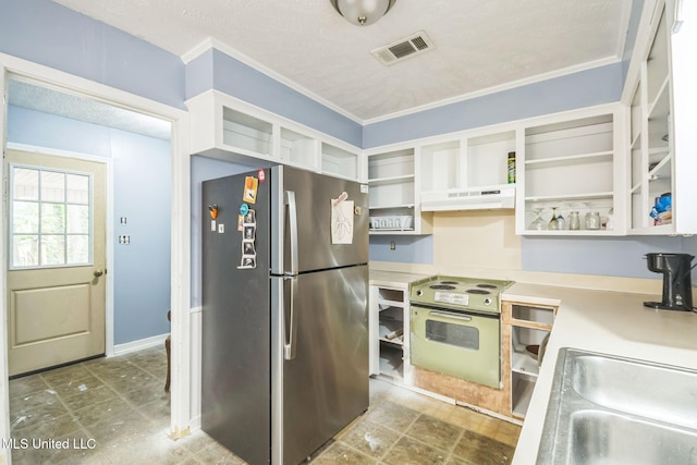 108 Fairdale Pl, Brandon, MS 39042 - kitchen featuring freestanding refrigerator, electric range oven, open shelves, under cabinet range hood, and ornamental molding