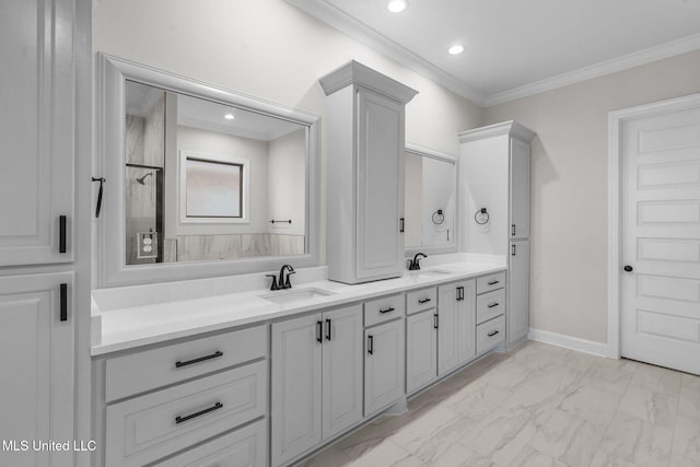 bathroom with vanity, ornamental molding, and walk in shower