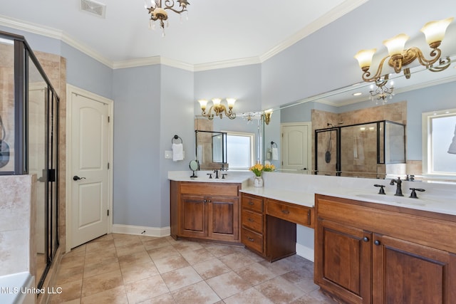 full bathroom with a sink, a shower stall, visible vents, and crown molding