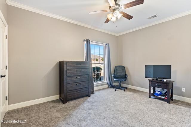 interior space featuring ornamental molding, visible vents, and baseboards