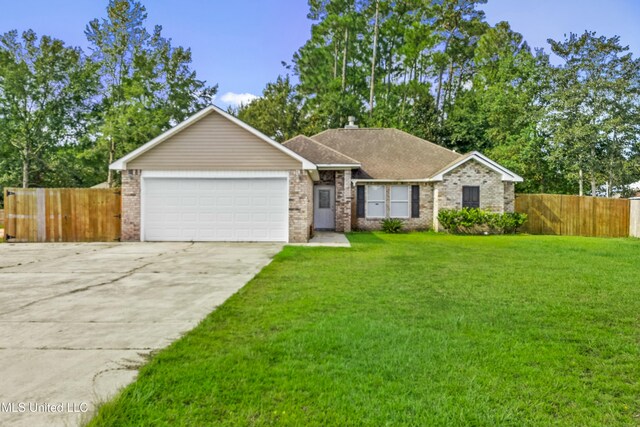 ranch-style house with a front yard and a garage