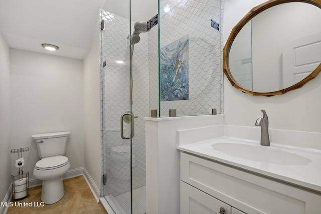 bathroom featuring vanity, toilet, a shower with shower door, and tile patterned flooring