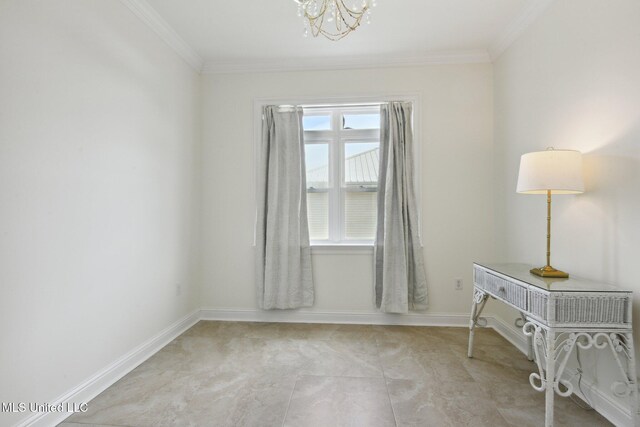 interior space featuring crown molding and a notable chandelier