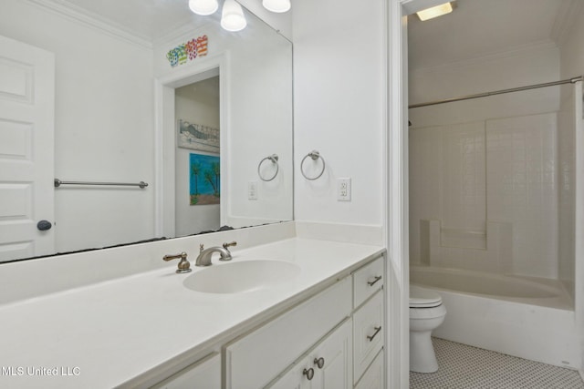 full bathroom with tile patterned floors, toilet, crown molding, tub / shower combination, and vanity