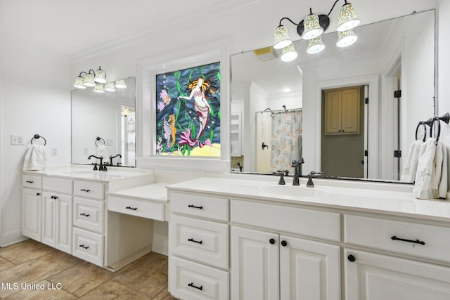 bathroom featuring ornamental molding, a shower with shower curtain, and vanity