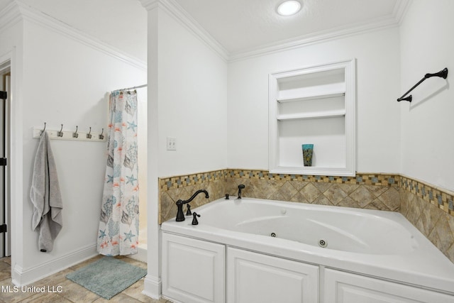 bathroom with independent shower and bath and crown molding