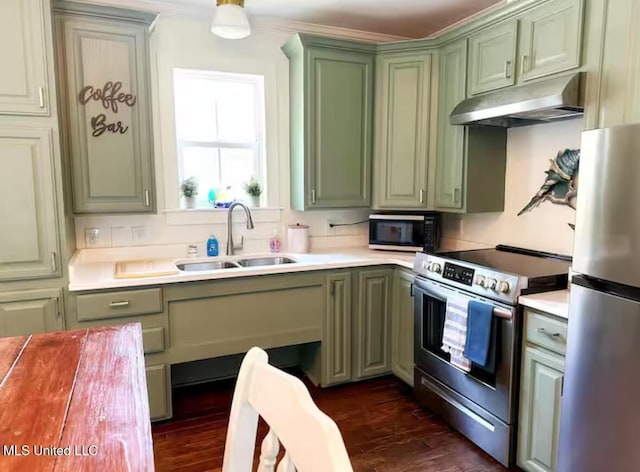 kitchen featuring green cabinetry, stainless steel appliances, dark hardwood / wood-style floors, and sink