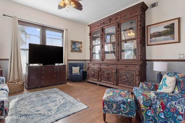 interior space with light hardwood / wood-style flooring and ceiling fan