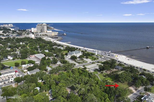 aerial view of property's location with a large body of water