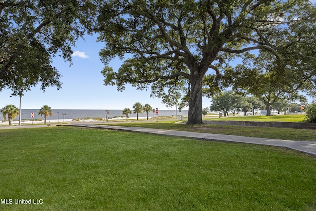 view of property's community featuring a lawn and a water view