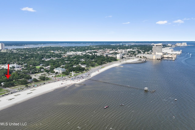 aerial view with a water view and a beach view