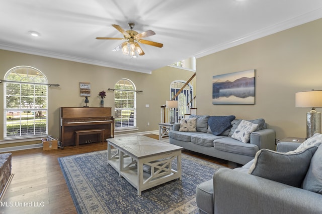 12880 Coles Cv, Gulfport, MS 39503 - living area with crown molding, wood finished floors, a ceiling fan, and baseboards