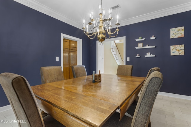 12880 Coles Cv, Gulfport, MS 39503 - dining area featuring a chandelier, stairs, ornamental molding, and baseboards