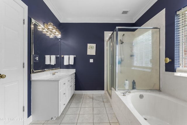 12880 Coles Cv, Gulfport, MS 39503 - bathroom with vanity, a garden tub, a stall shower, tile patterned flooring, and crown molding