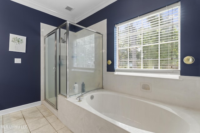 12880 Coles Cv, Gulfport, MS 39503 - full bath featuring a garden tub, tile patterned floors, a shower stall, and crown molding