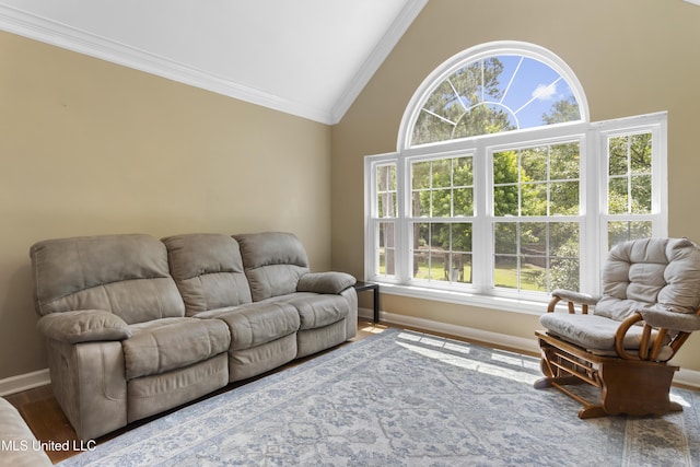 12880 Coles Cv, Gulfport, MS 39503 - living room featuring ornamental molding, baseboards, plenty of natural light, wood finished floors, and high vaulted ceiling