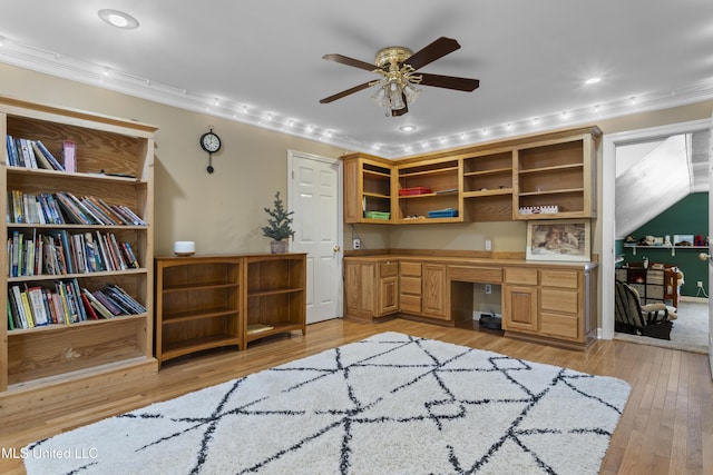 12880 Coles Cv, Gulfport, MS 39503 - office area featuring built in desk, ceiling fan, crown molding, light wood-type flooring, and recessed lighting