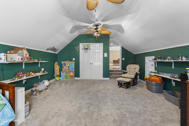 12880 Coles Cv, Gulfport, MS 39503 - recreation room featuring a ceiling fan, vaulted ceiling, carpet floors, and baseboards
