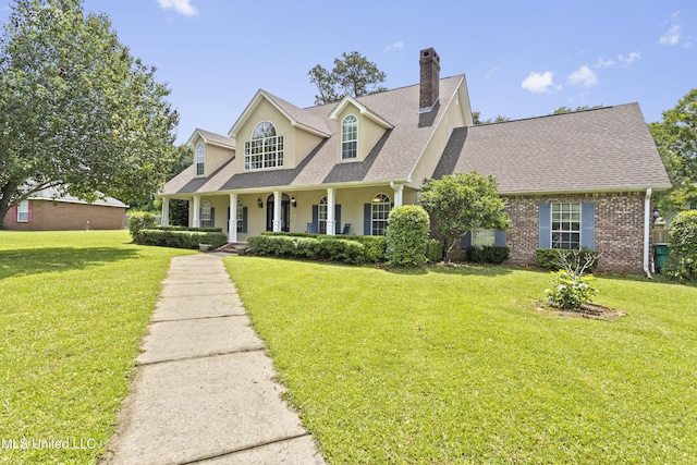 12880 Coles Cv, Gulfport, MS 39503 - cape cod-style house with covered porch, a chimney, a front lawn, and a shingled roof