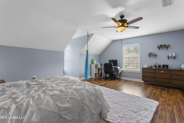 12880 Coles Cv, Gulfport, MS 39503 - bedroom with wood finished floors, lofted ceiling, baseboards, a desk, and a ceiling fan