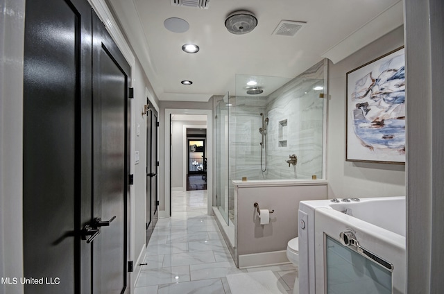 bathroom featuring plus walk in shower and toilet