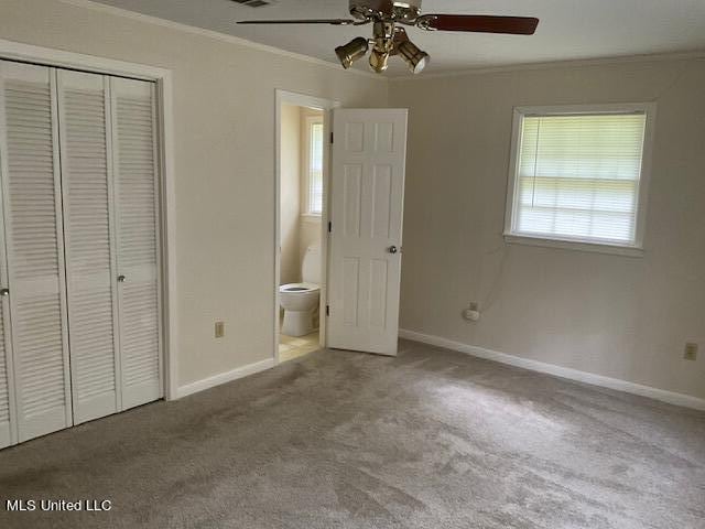 unfurnished bedroom featuring carpet flooring, a closet, ceiling fan, and crown molding