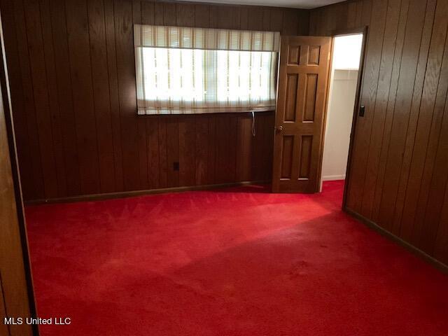 spare room with carpet floors and wooden walls