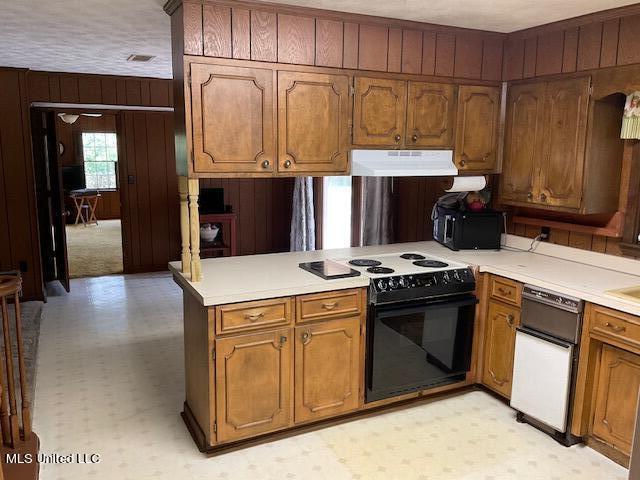 kitchen featuring electric range, wooden walls, and kitchen peninsula