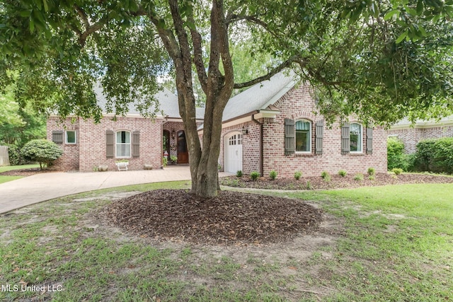 view of front of home with brick siding, curved driveway, and a front yard