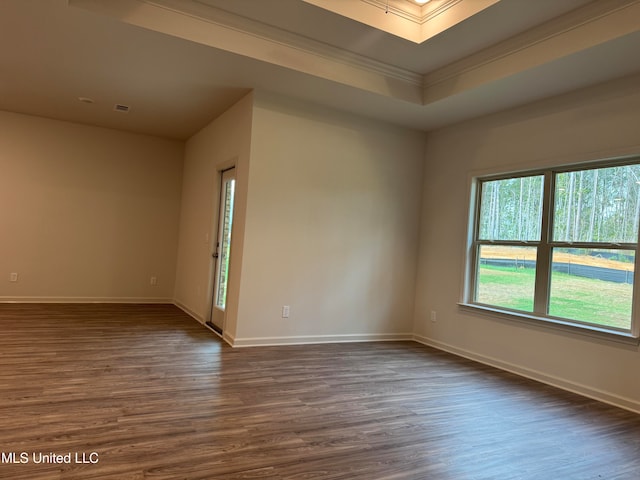 unfurnished room with crown molding, a skylight, dark hardwood / wood-style floors, and a raised ceiling