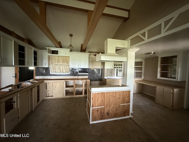 111 Muzzi Rd, Shaw, MS 38773 - kitchen featuring backsplash, open shelves, beam ceiling, freestanding refrigerator, and black microwave