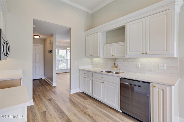 453 Abbey Woods, Brandon, MS 39047 - kitchen with dishwasher, a sink, open shelves, backsplash, and white cabinets