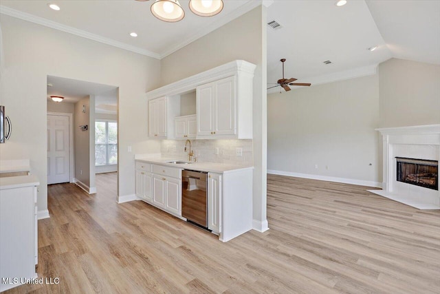 453 Abbey Woods, Brandon, MS 39047 - kitchen with a sink, ornamental molding, white cabinetry, a ceiling fan, and light countertops