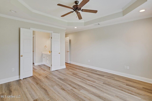 453 Abbey Woods, Brandon, MS 39047 - unfurnished bedroom featuring a raised ceiling, light wood-type flooring, recessed lighting, ornamental molding, and baseboards