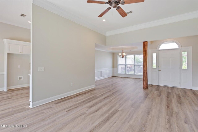 453 Abbey Woods, Brandon, MS 39047 - foyer entrance with a chandelier, crown molding, ceiling fan, light wood finished floors, and recessed lighting