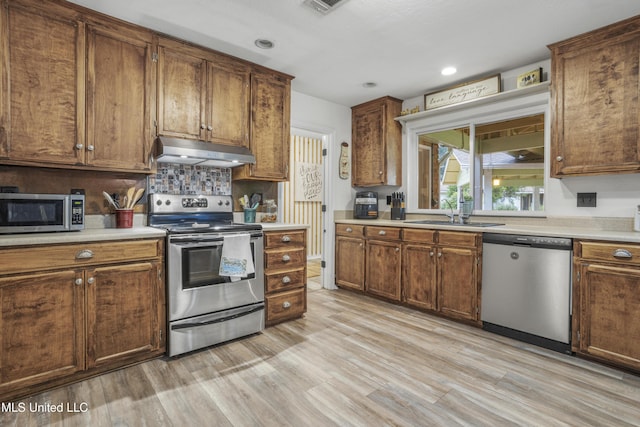 kitchen featuring decorative backsplash, sink, stainless steel appliances, and light hardwood / wood-style flooring