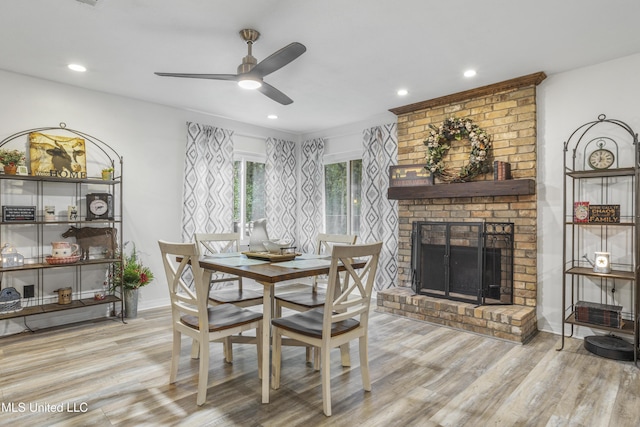 dining room featuring a fireplace, light wood-type flooring, and ceiling fan