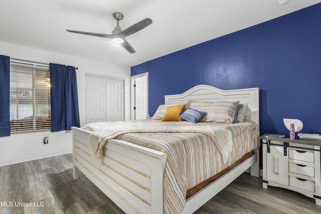 bedroom featuring ceiling fan, a closet, and dark hardwood / wood-style floors