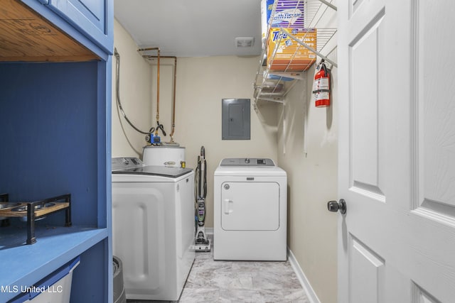 laundry room featuring electric panel, water heater, and washer and dryer