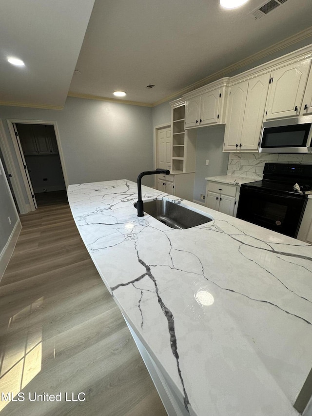 kitchen featuring tasteful backsplash, sink, hardwood / wood-style flooring, light stone countertops, and black / electric stove