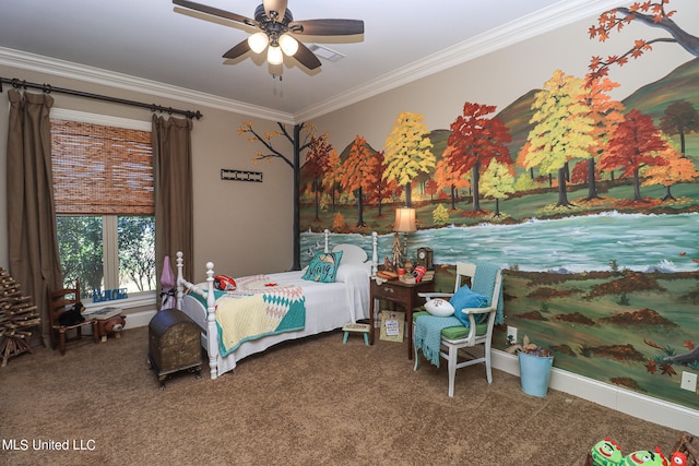 carpeted bedroom featuring ornamental molding and ceiling fan