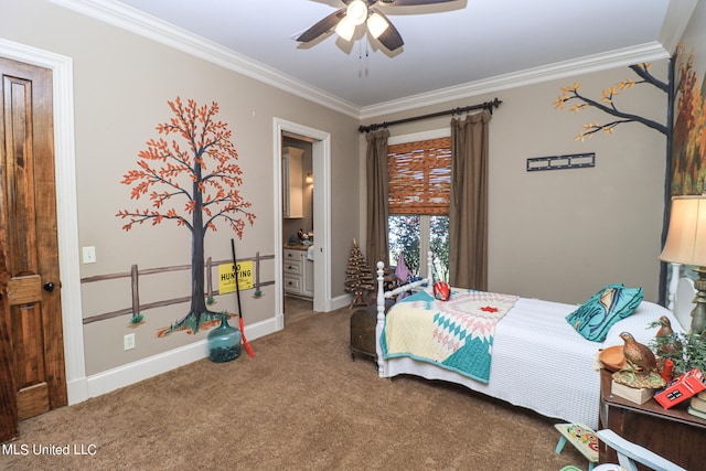 carpeted bedroom with connected bathroom, ceiling fan, and ornamental molding