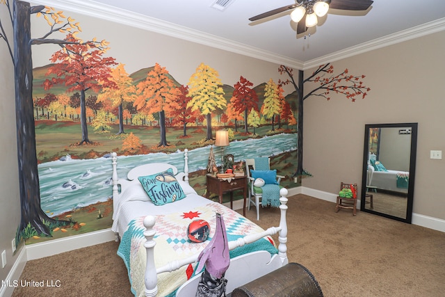 carpeted bedroom with ornamental molding and ceiling fan