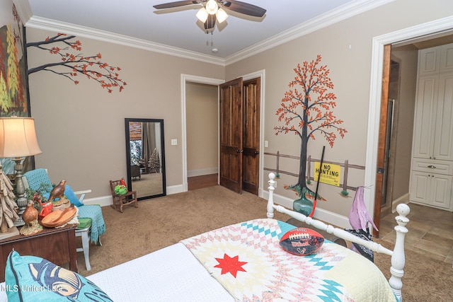 carpeted bedroom with crown molding and ceiling fan