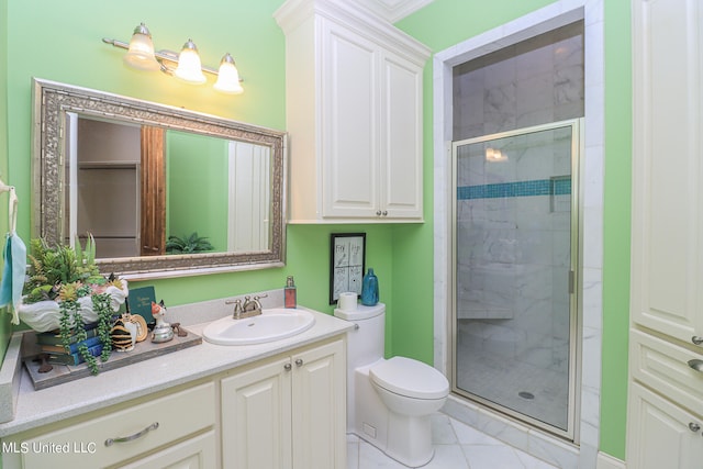 bathroom featuring vanity, a shower with shower door, toilet, and tile patterned floors