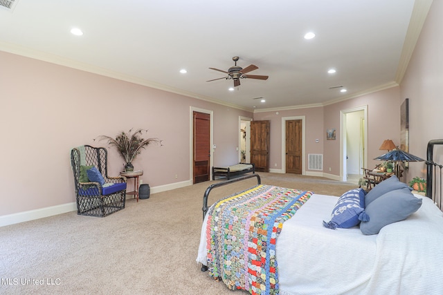 bedroom with crown molding, light carpet, and ceiling fan