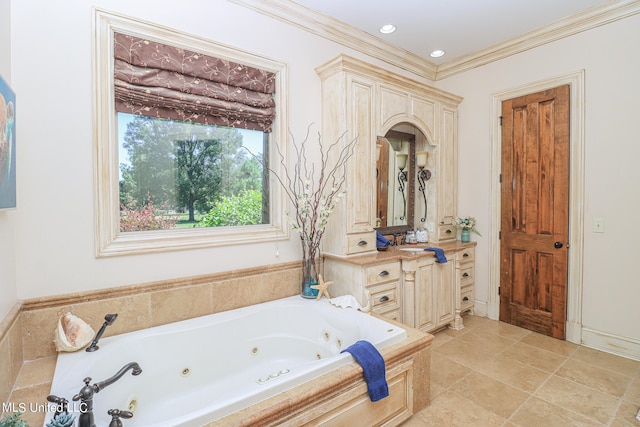 bathroom with vanity, ornamental molding, a tub, and tile patterned flooring