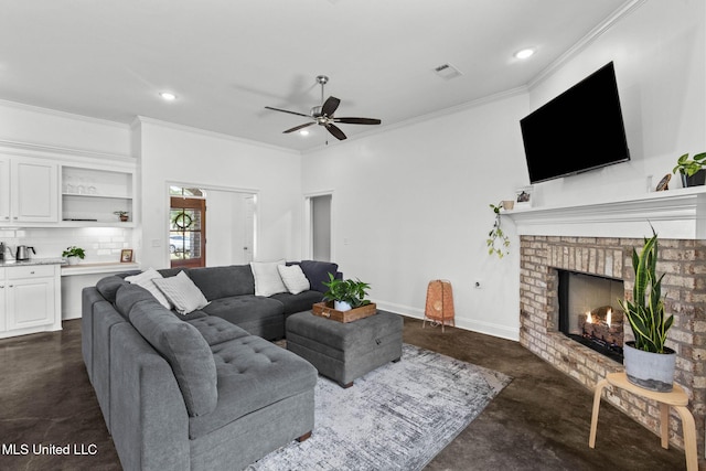123 Bailey Cv, Canton, MS 39046 - living room with concrete flooring, a fireplace, crown molding, recessed lighting, and a ceiling fan
